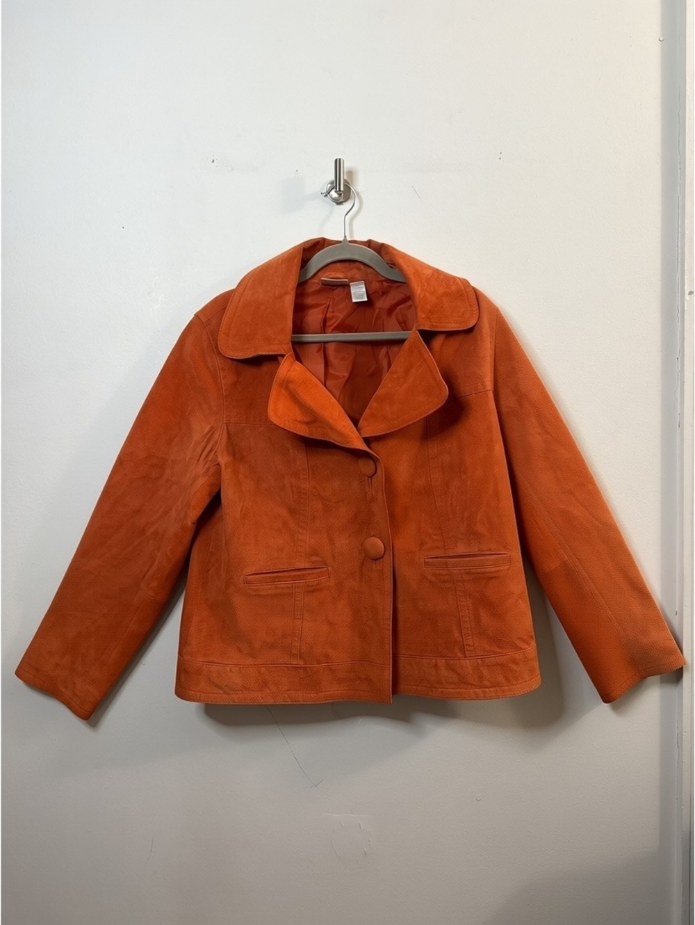 Chico’s Size 2 Orange 100% Leather Suede Jacket Blazer Button Front Lined